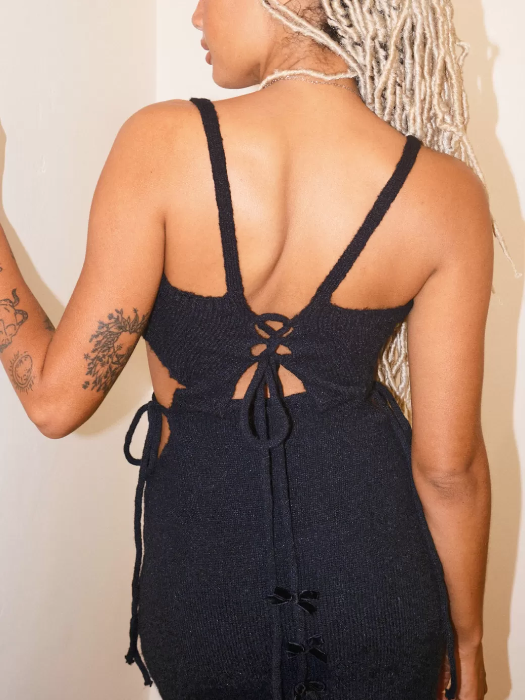 Outlet Lisa Says Gah Tie Me Knit Long Dress - BLACK